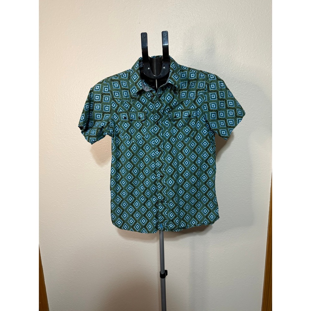 Boys Western Short Sleeve Button Down Shirt Green Blue Geometric Diamond Print